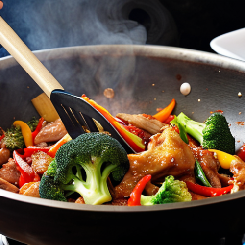 Home 13 **Image Prompt 1:**
A close-up, dynamic shot of a well-seasoned carbon steel wok on a high flame, filled with vibrantly colored stir-fried vegetables and sliced meat (e.g., broccoli, bell peppers, chicken). Wisps of smoke and steam rise, capturing the "wok hei" effect. A hand with a metal wok spatula is actively stirring the ingredients, suggesting rapid, intense cooking. The image should convey the energy and authenticity of Chinese stir-frying.