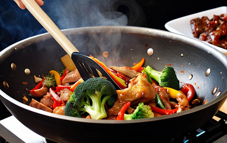 **Image Prompt 1:**
A close-up, dynamic shot of a well-seasoned carbon steel wok on a high flame, filled with vibrantly colored stir-fried vegetables and sliced meat (e.g., broccoli, bell peppers, chicken). Wisps of smoke and steam rise, capturing the "wok hei" effect. A hand with a metal wok spatula is actively stirring the ingredients, suggesting rapid, intense cooking. The image should convey the energy and authenticity of Chinese stir-frying.