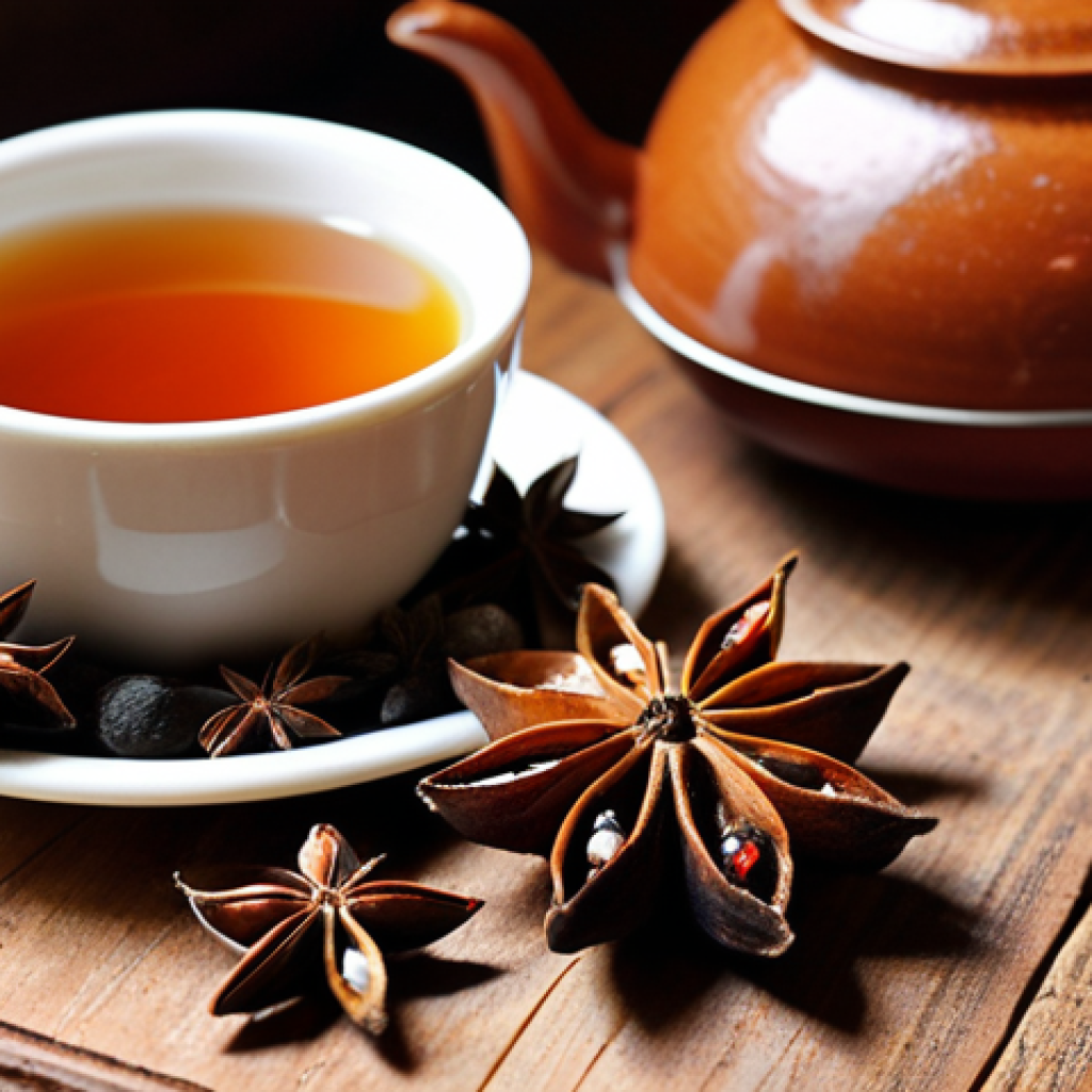 Star Anise Delight**

A close-up shot of star anise arranged artfully on a rustic wooden surface. A steaming cup of herbal tea sits nearby, hinting at its use in infusions. Soft, warm lighting emphasizes the star anise's unique shape and vibrant color. Focus on texture.

**