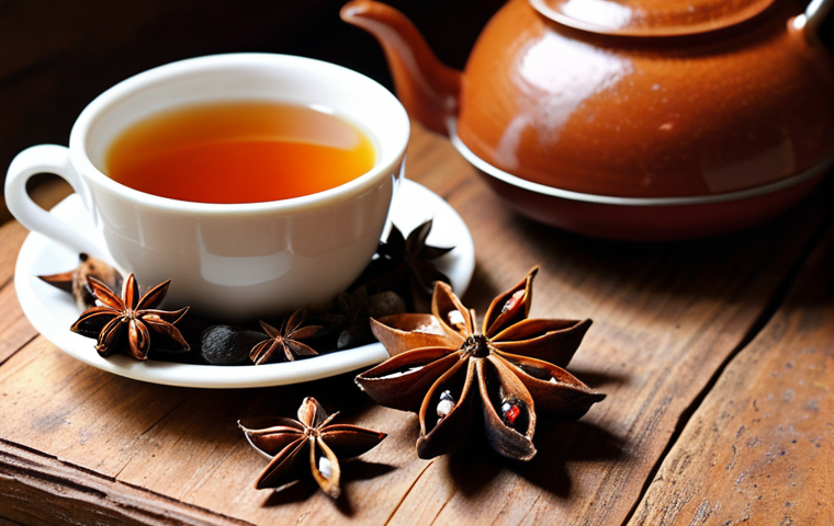 Star Anise Delight**
A close-up shot of star anise arranged artfully on a rustic wooden surface. A steaming cup of herbal tea sits nearby, hinting at its use in infusions. Soft, warm lighting emphasizes the star anise's unique shape and vibrant color. Focus on texture.
**