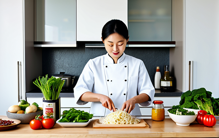 중식 밀키트 브랜드 - Meal Kit Assembly**

"A person arranging ingredients from a Chinese meal kit on a clean kitchen coun...