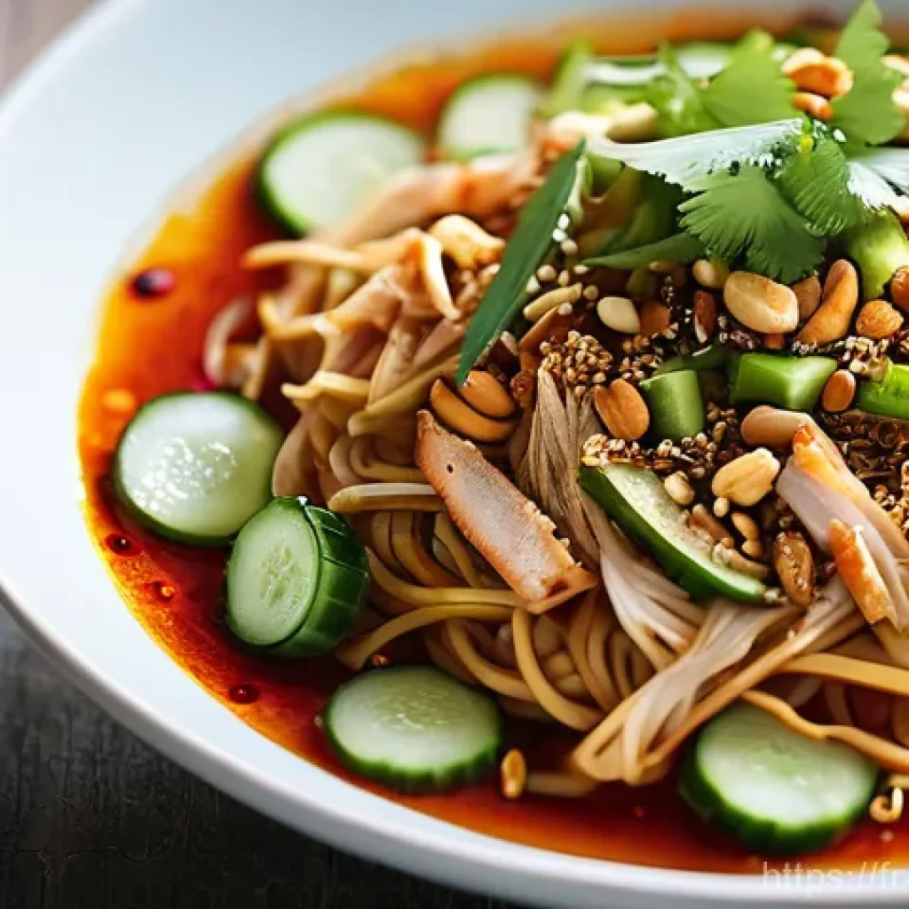중국 냉면 종류 - **Prompt 1: A Vibrant Sichuan Cold Noodle Dish (Liáng Miàn)**
"A close-up, top-down shot of a be...