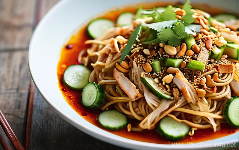 중국 냉면 종류 - **Prompt 1: A Vibrant Sichuan Cold Noodle Dish (Liáng Miàn)**
"A close-up, top-down shot of a be...
