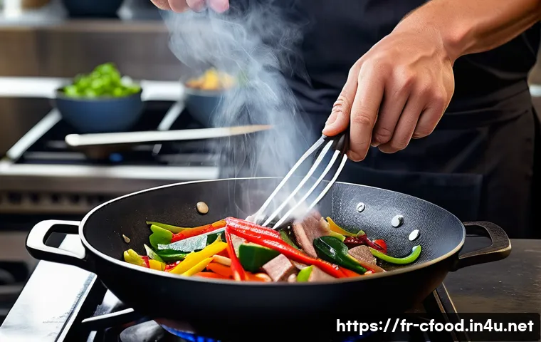 중국 요리 시연 영상 - A professional kitchen scene featuring a chef expertly stir-frying colorful vegetables and thinly sl...
