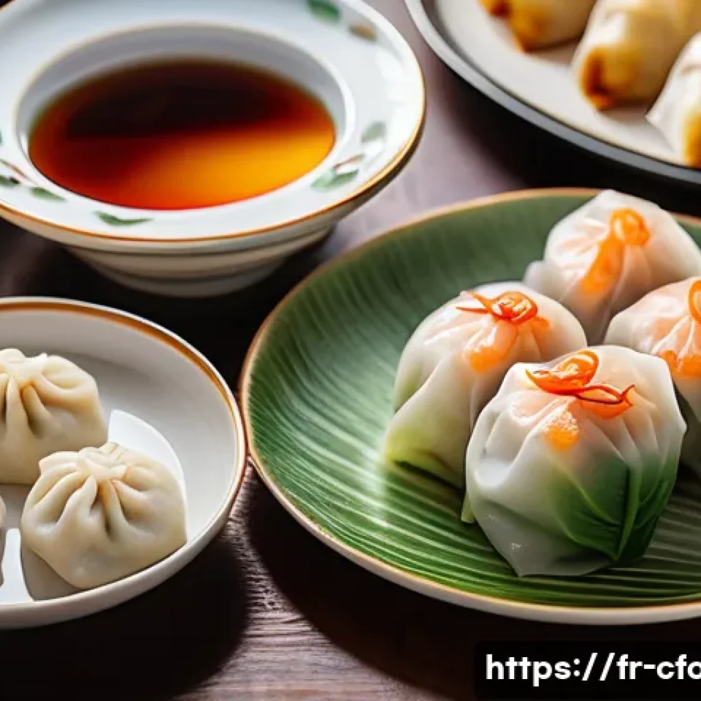 중식당 메뉴판 읽는 법 - A vibrant and elegant Cantonese dim sum platter arranged on traditional porcelain plates, featuring ...
