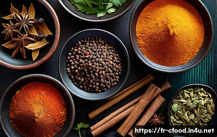 중국 요리 대표 향신료 - A vibrant close-up scene of a traditional Chinese kitchen countertop displaying an assortment of spi...