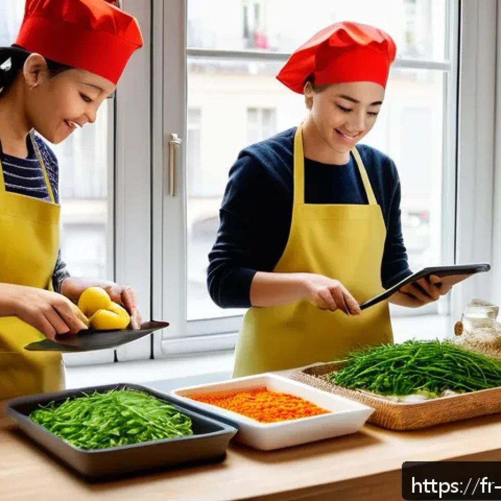 중식 밀키트 시장 동향 - A vibrant, modern French kitchen scene featuring a diverse group of adults preparing Asian meal kits...