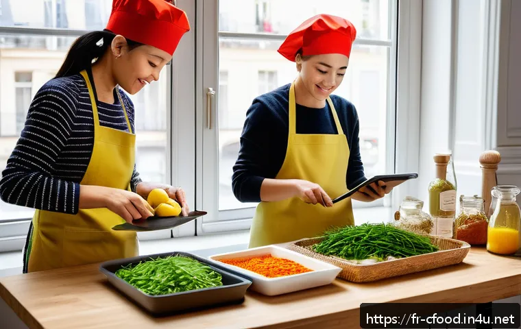 중식 밀키트 시장 동향 - A vibrant, modern French kitchen scene featuring a diverse group of adults preparing Asian meal kits...