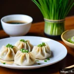 Home 22 중식 냉동만두 가격비교 - A close-up image of a traditional Chinese jiaozi dumpling plate served in a modern French kitchen se...