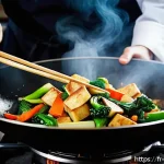 Home 21 중식 건강식 요리법 - A vibrant Chinese kitchen scene featuring a chef stir-frying fresh seasonal vegetables and tofu in a...