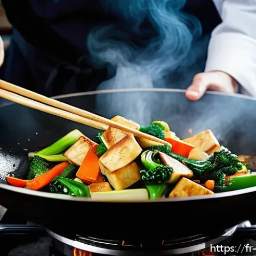 Home 33 중식 건강식 요리법 - A vibrant Chinese kitchen scene featuring a chef stir-frying fresh seasonal vegetables and tofu in a...