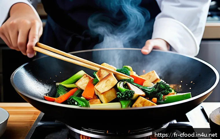 중식 건강식 요리법 - A vibrant Chinese kitchen scene featuring a chef stir-frying fresh seasonal vegetables and tofu in a...