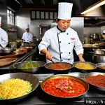 Home 19 중국 요리의 글로벌 경쟁력 - A vibrant, detailed scene of a traditional Chinese kitchen bustling with activity, showcasing a skil...