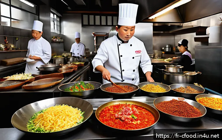 중국 요리의 글로벌 경쟁력 - A vibrant, detailed scene of a traditional Chinese kitchen bustling with activity, showcasing a skil...