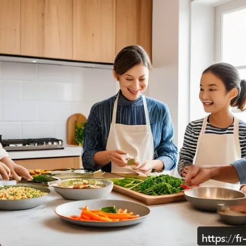 Home 30 중식 밀키트 장단점 - A modern French family kitchen scene with a diverse group of adults and children preparing and enjoy...
