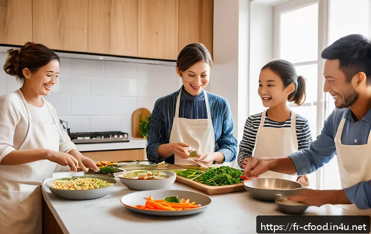 중식 밀키트 장단점 - A modern French family kitchen scene with a diverse group of adults and children preparing and enjoy...