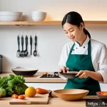 Home 23 중식 밀키트 편의성 - A cozy modern kitchen scene with a young adult female chef preparing an Asian meal kit. The kitchen ...