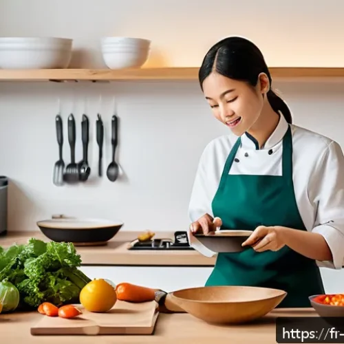 Home 17 중식 밀키트 편의성 - A cozy modern kitchen scene with a young adult female chef preparing an Asian meal kit. The kitchen ...