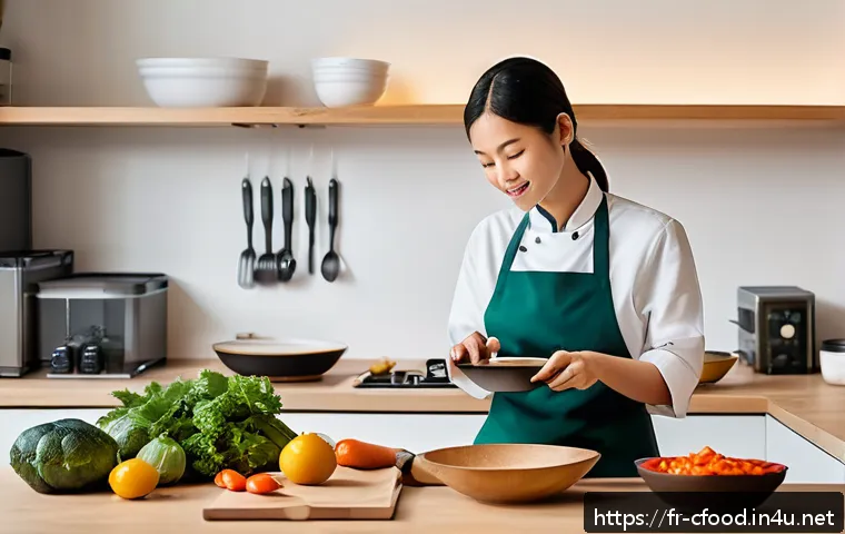 중식 밀키트 편의성 - A cozy modern kitchen scene with a young adult female chef preparing an Asian meal kit. The kitchen ...