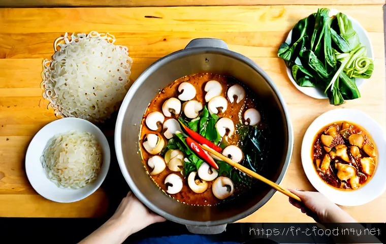 마라탕 만드는 법 - Photorealistic overhead view of a French home kitchen preparing a spicy Sichuan-style soup, neatly a...